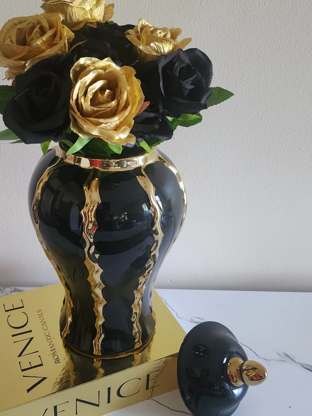 Black and Gold Decorative Ginger Jar - Elegant Home Accent